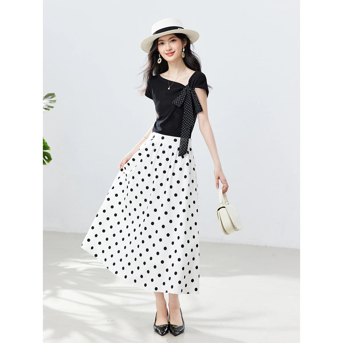 Polka-Dot Button-Front Midi Skirt