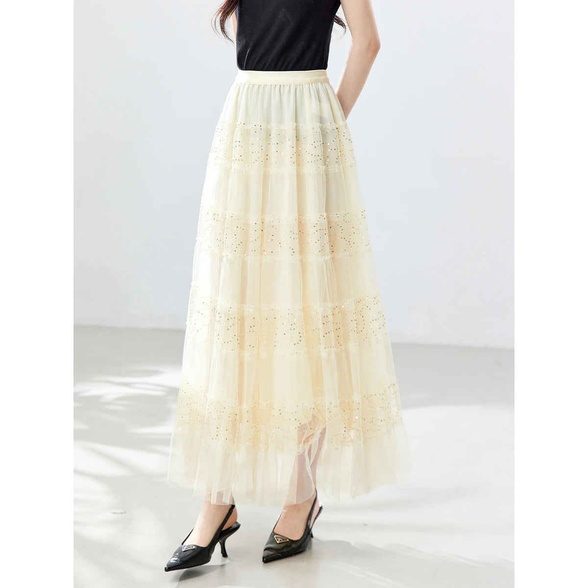 Sequin Tiered Maxi Skirt