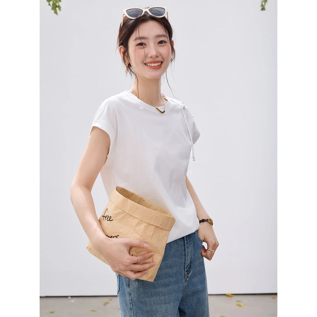 Asymmetric Frog-Button Cap-Sleeve Tee