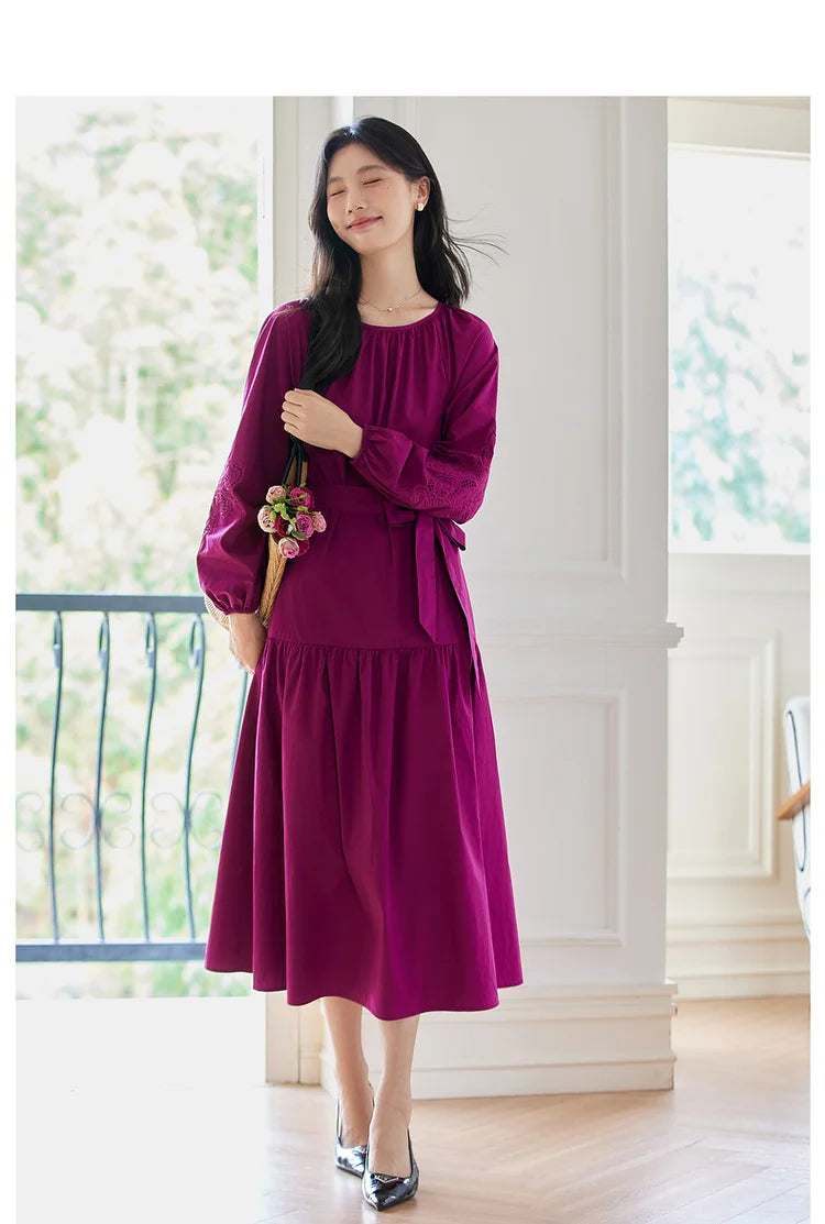 Tie-Waist Balloon-Sleeve Midi Dress