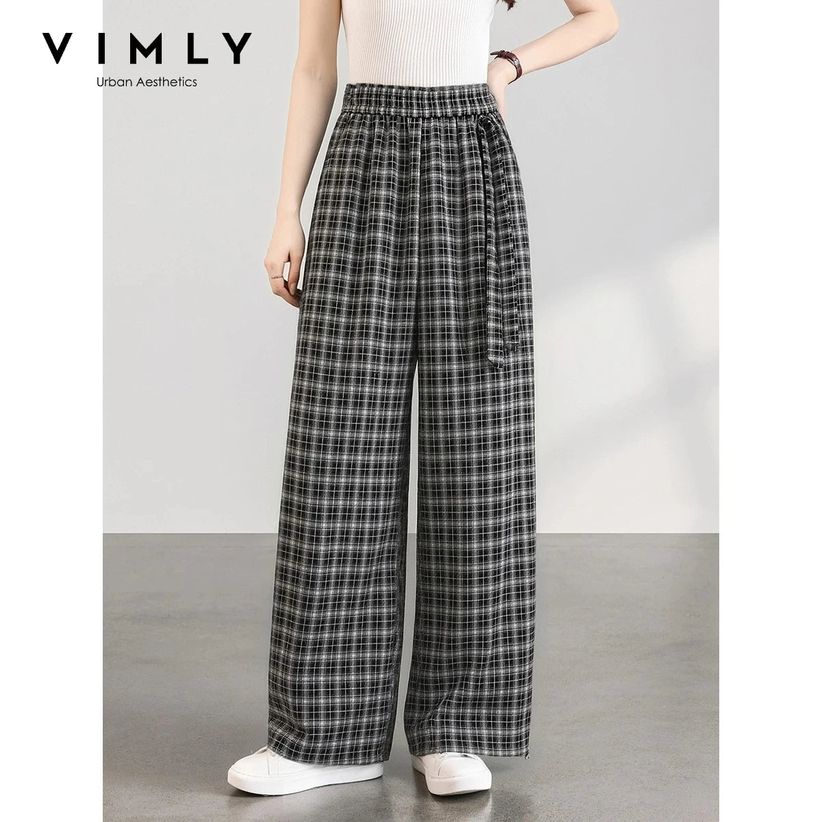 Small-Check Wide-Leg Trousers