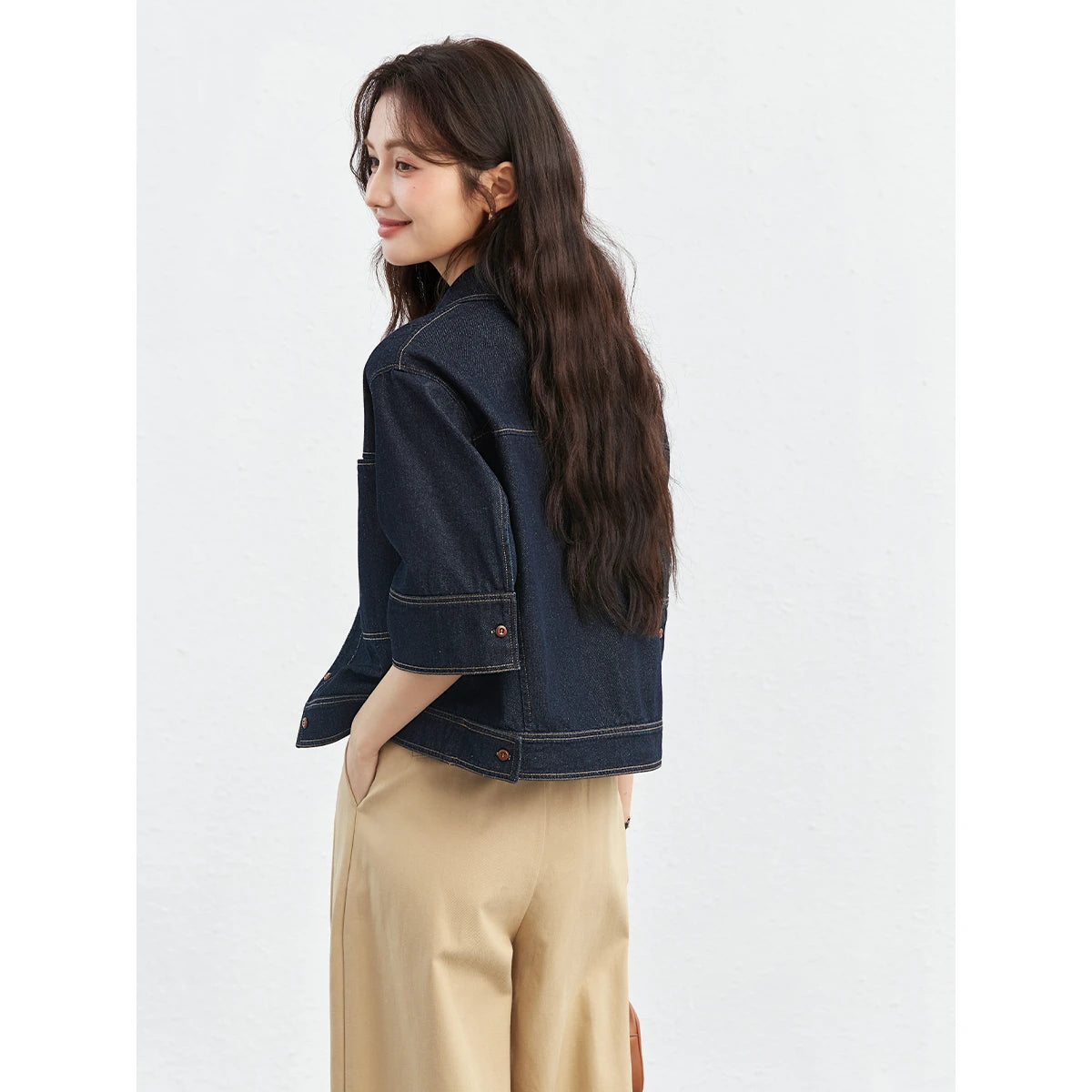 Contrast-Stitch Short-Sleeve Denim Jacket