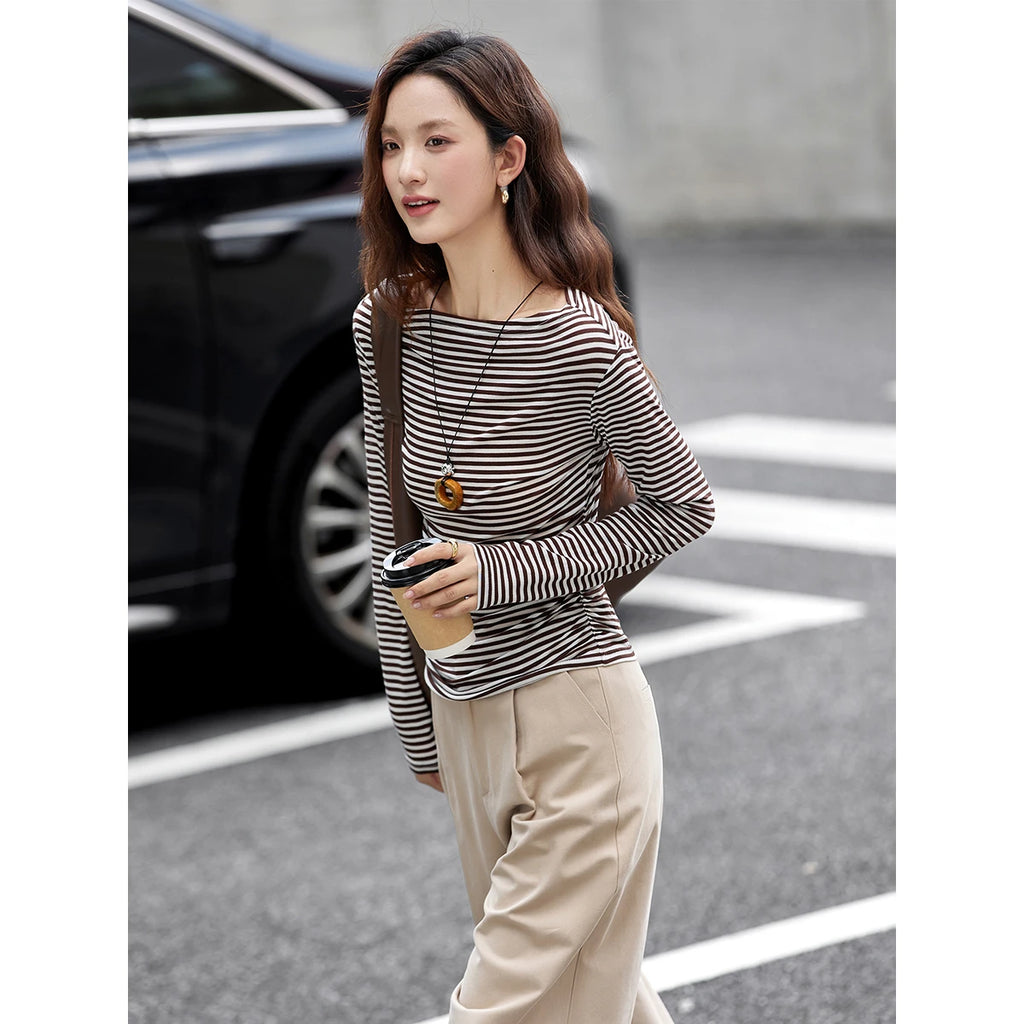 Striped Ruched-Waist Long-Sleeve Top