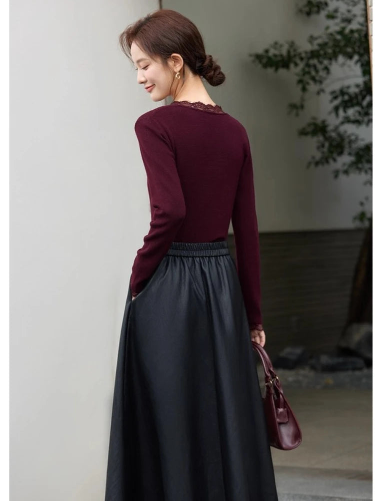 Lace-Trim V-Neck Knit Top