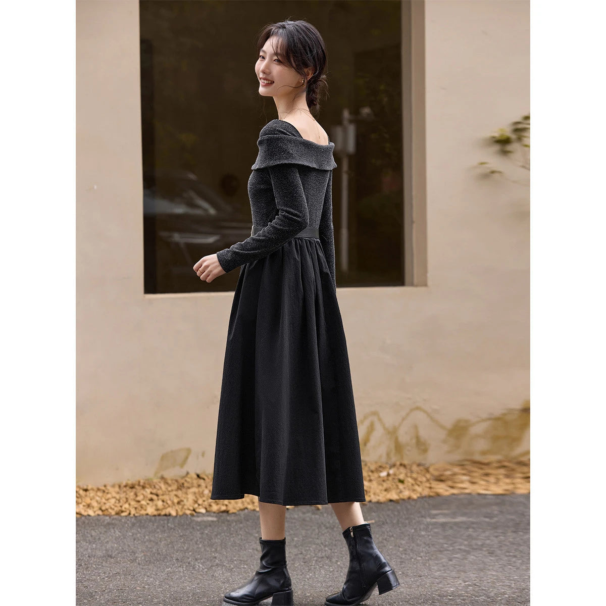 Bow-Collar Belted Midi Dress