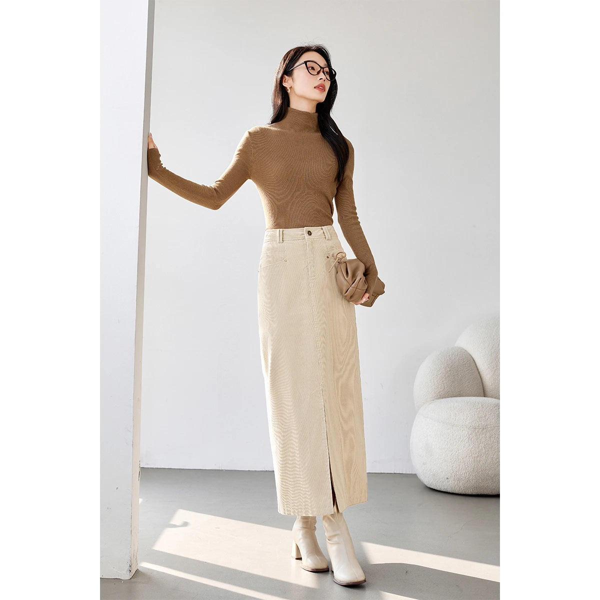 Straight Front-Slit Midi Skirt