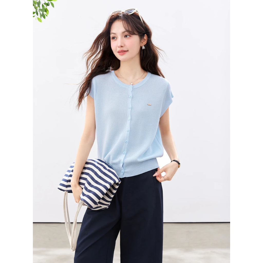 Button-Front Cap-Sleeve Knit Top