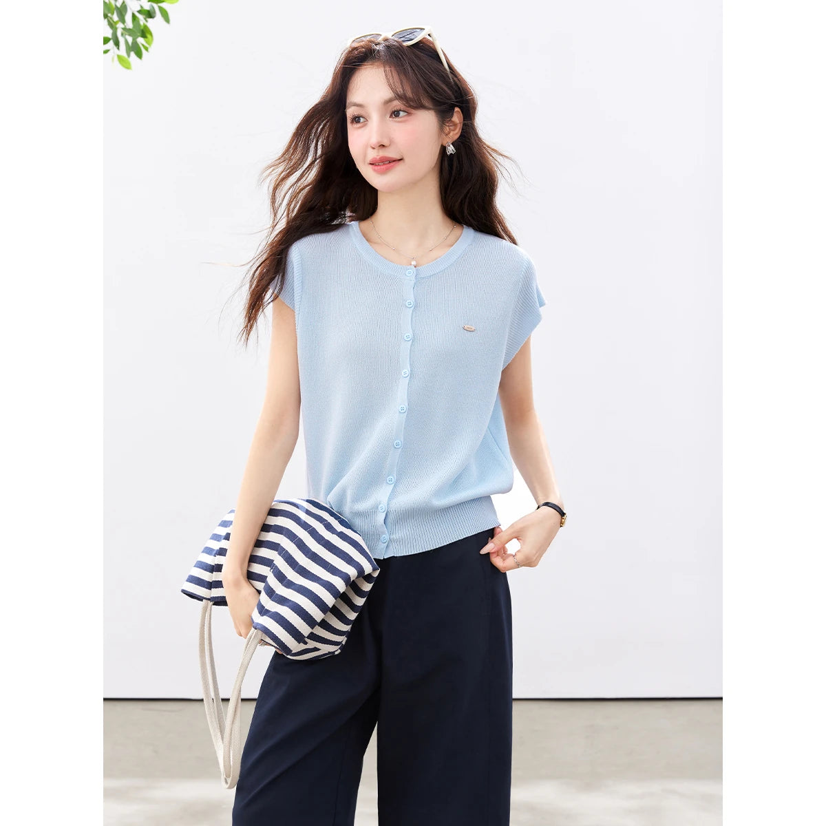 Button-Front Cap-Sleeve Knit Top