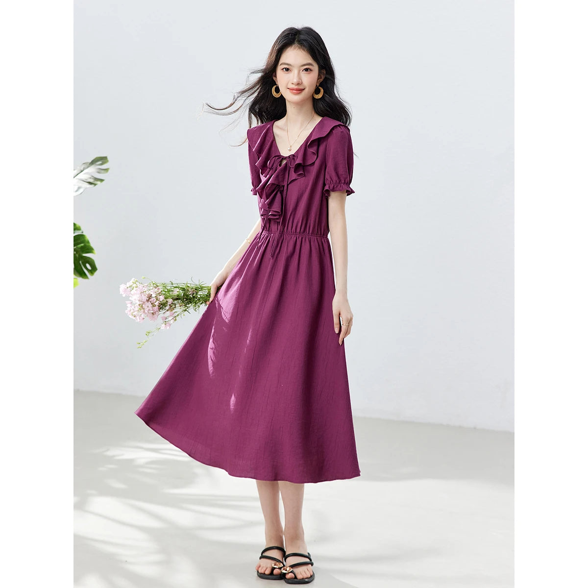 Ruffle-Front Puff-Sleeve Midi Dress