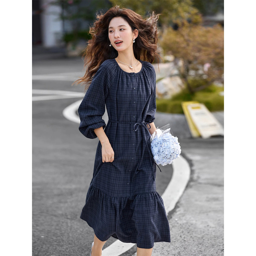 Belted Plaid Drop-Waist Dress