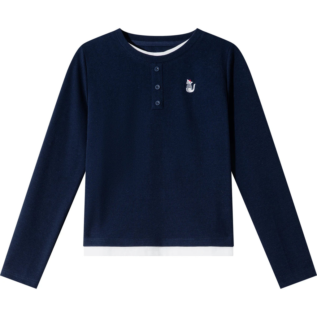 Embroidered Henley Long-Sleeve Top