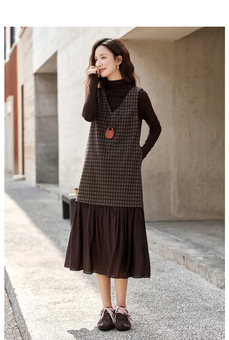 Plaid Drop-Waist Midi Dress
