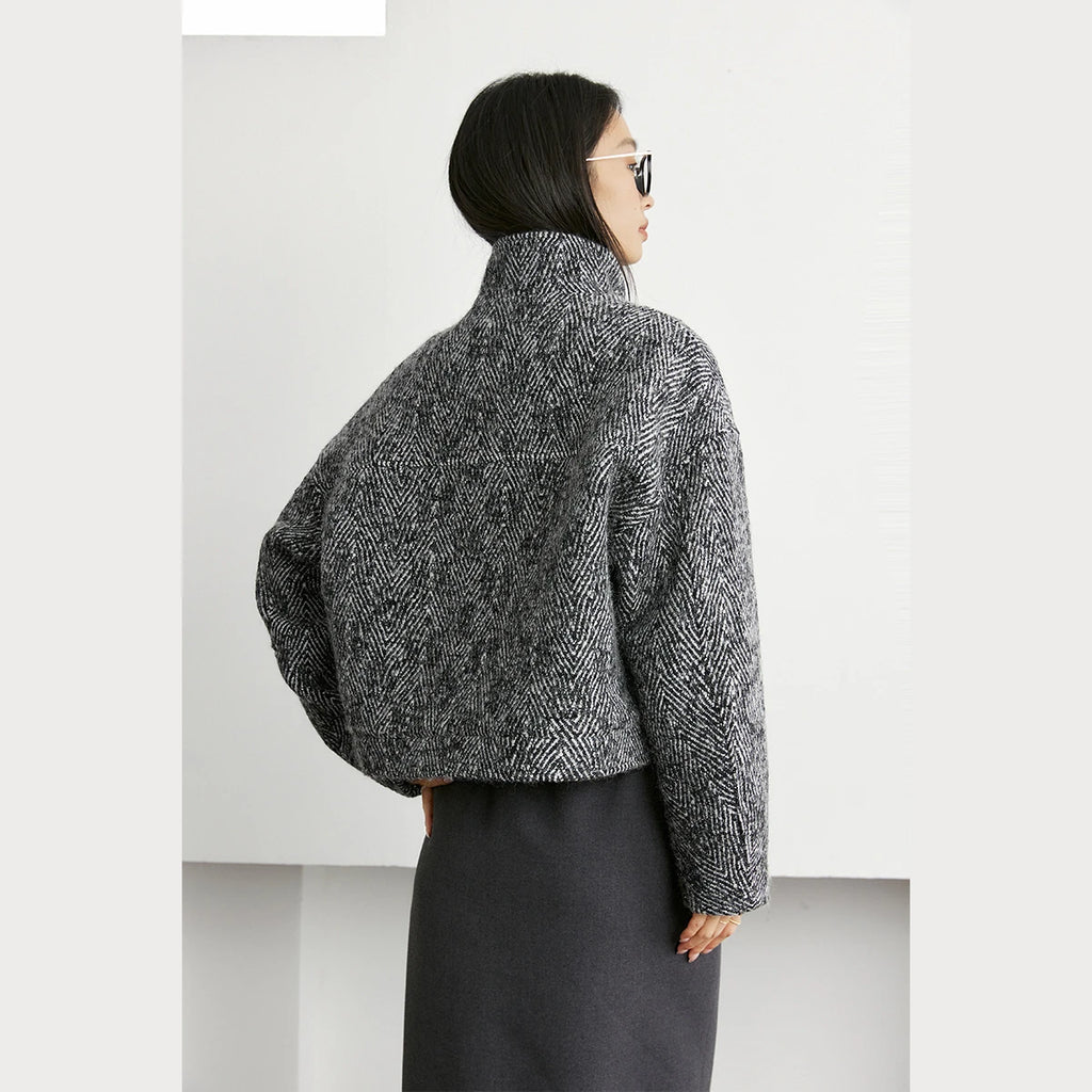 Herringbone Stand-Collar Cropped Jacket