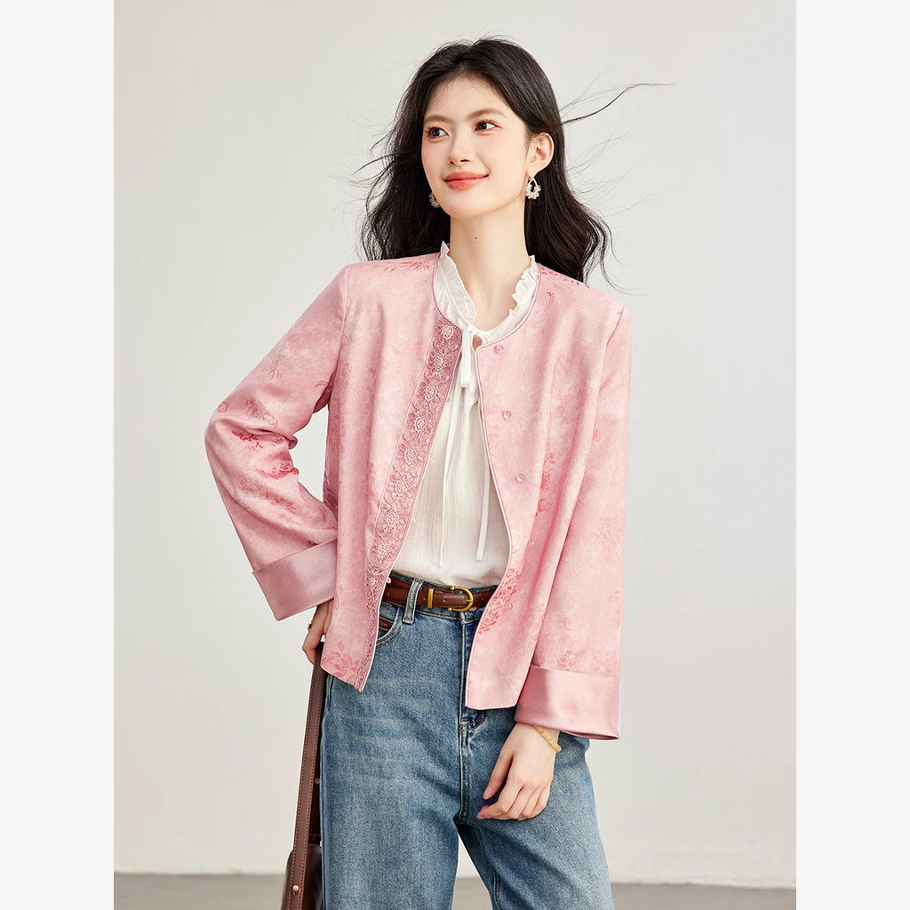 Jacquard-Trim Collarless Jacket