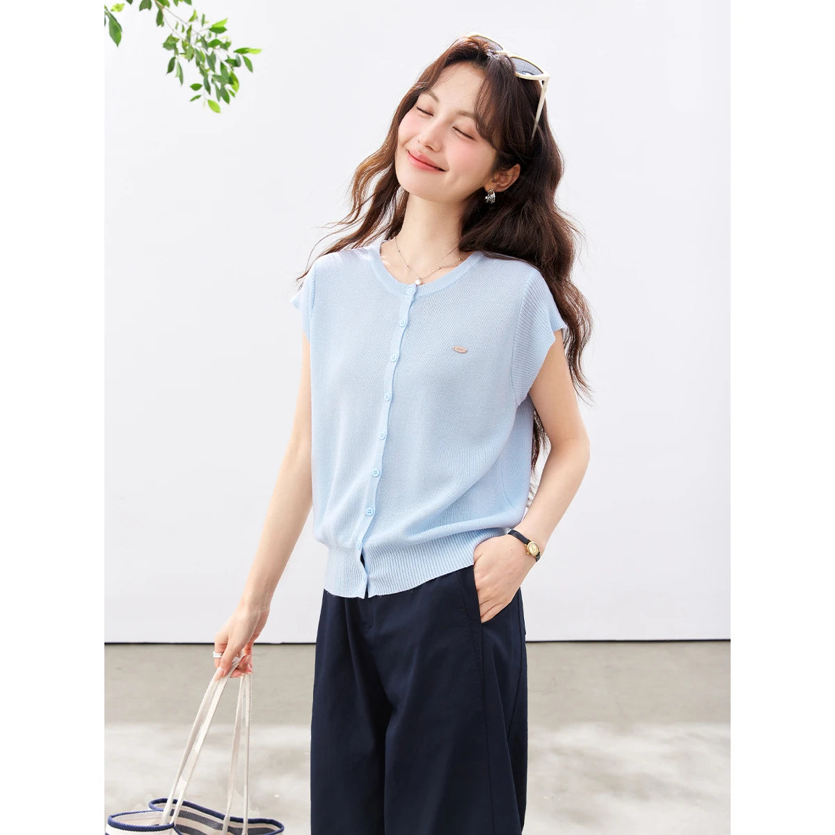 Button-Front Cap-Sleeve Knit Top