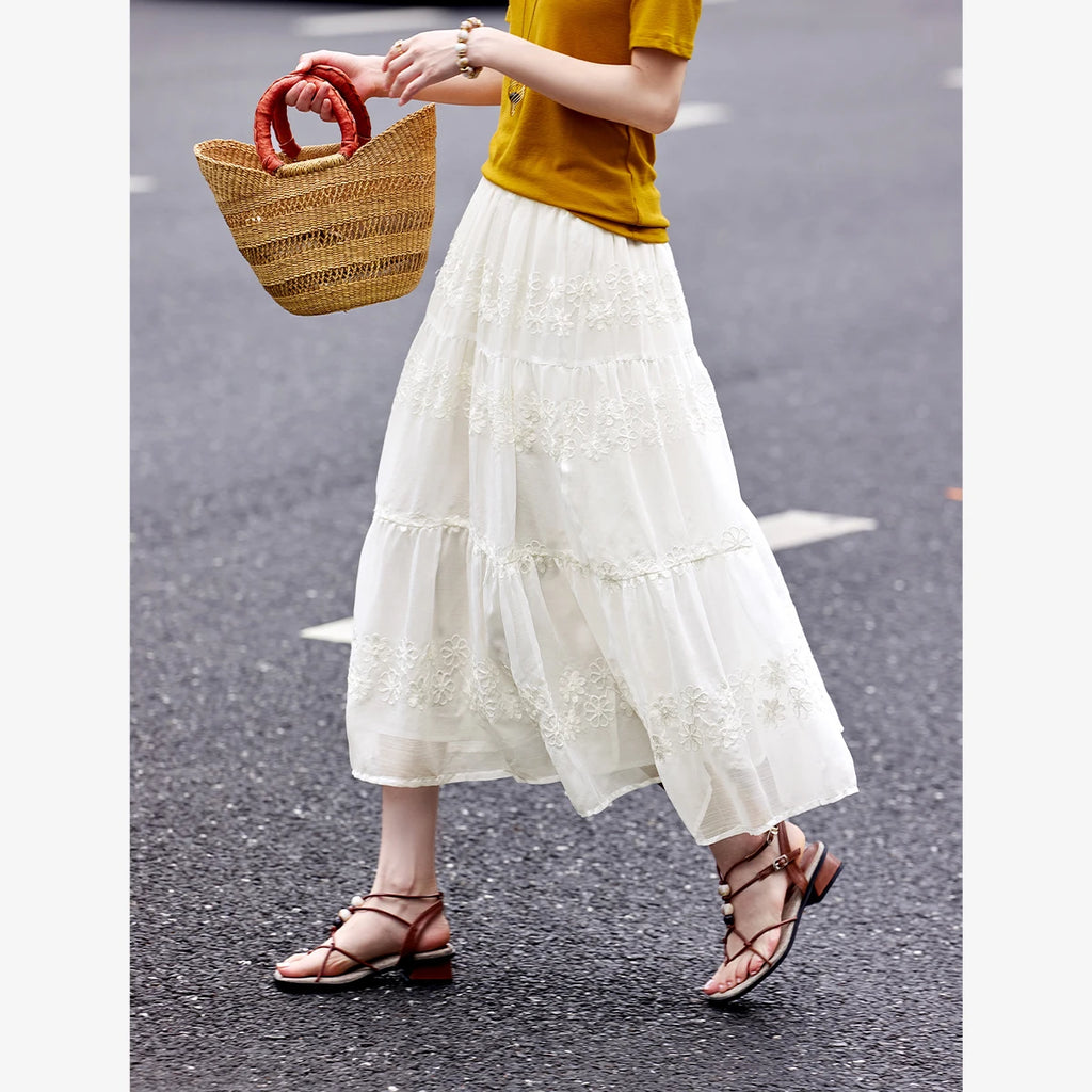 Embroidered Tiered Midi Skirt