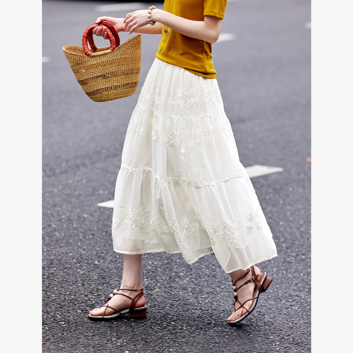 Embroidered Tiered Midi Skirt