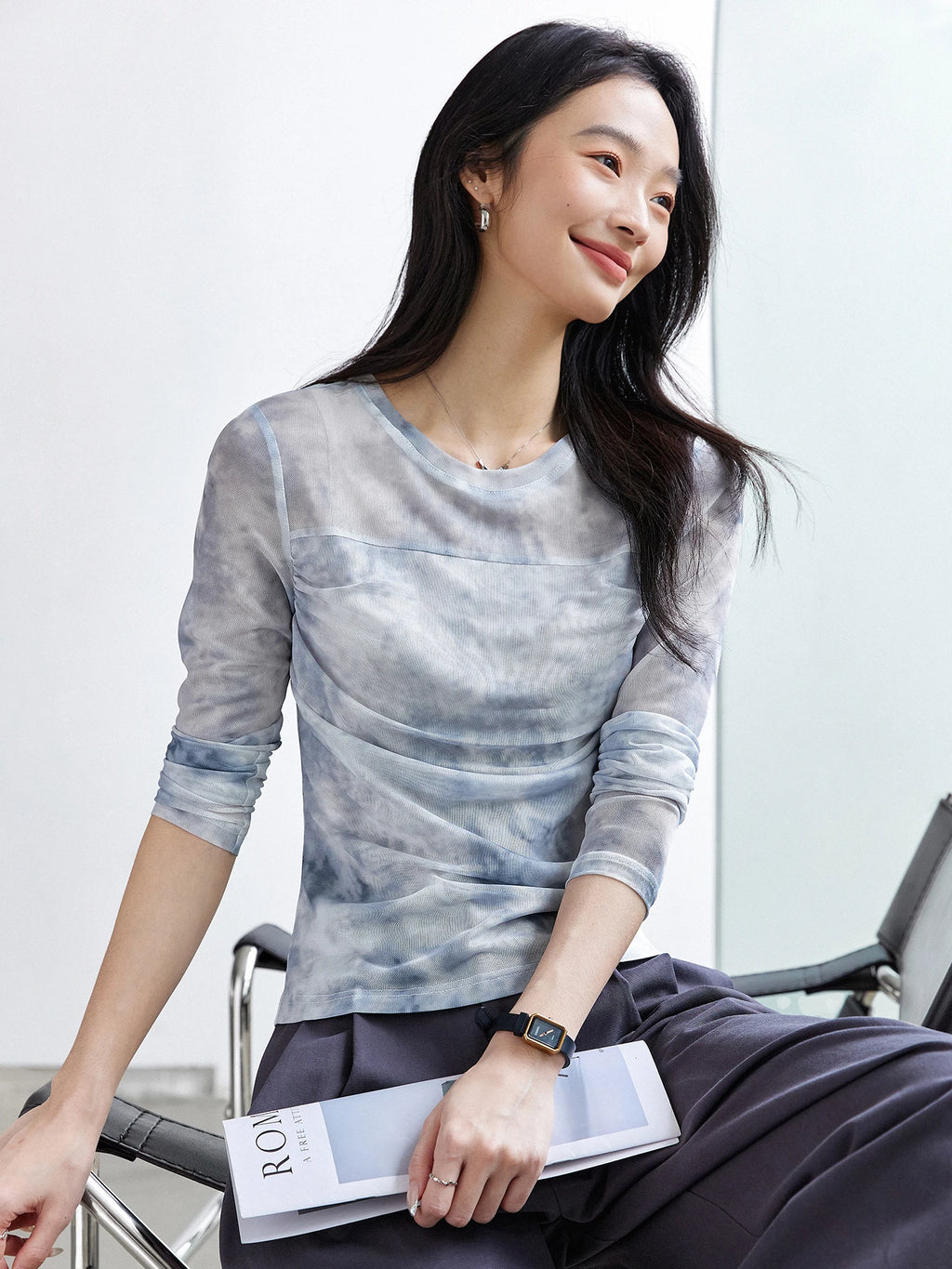 Abstract Mesh Ruched Long-Sleeve Top