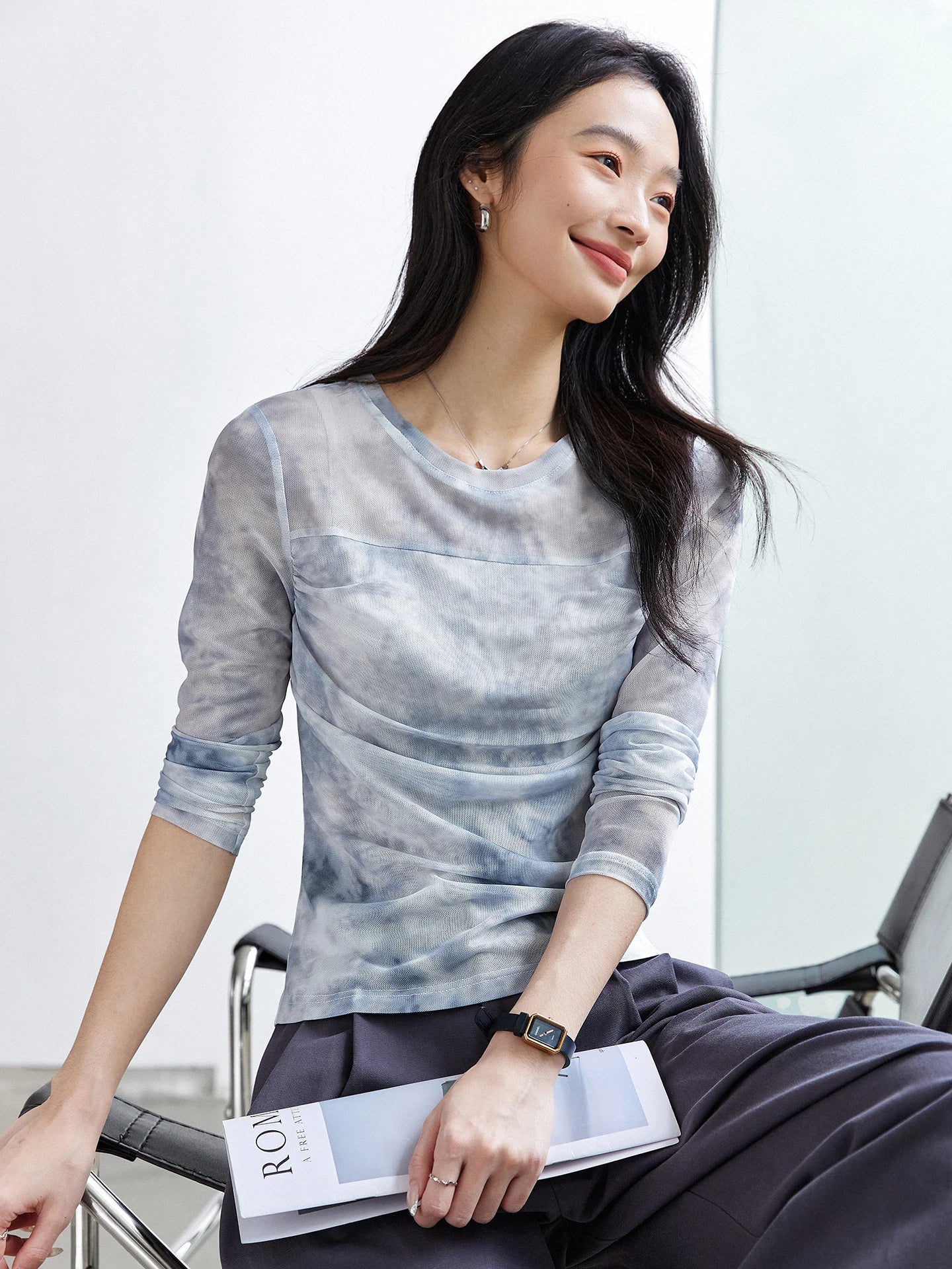 Abstract Mesh Ruched Long-Sleeve Top