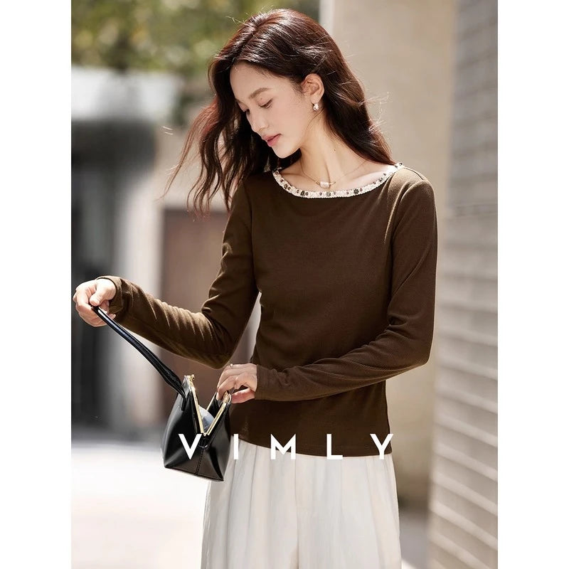 Beaded Boat-Neck Long-Sleeve Tee