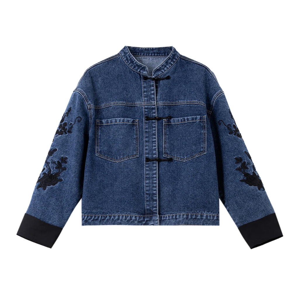 Embroidered-Sleeve Denim Jacket