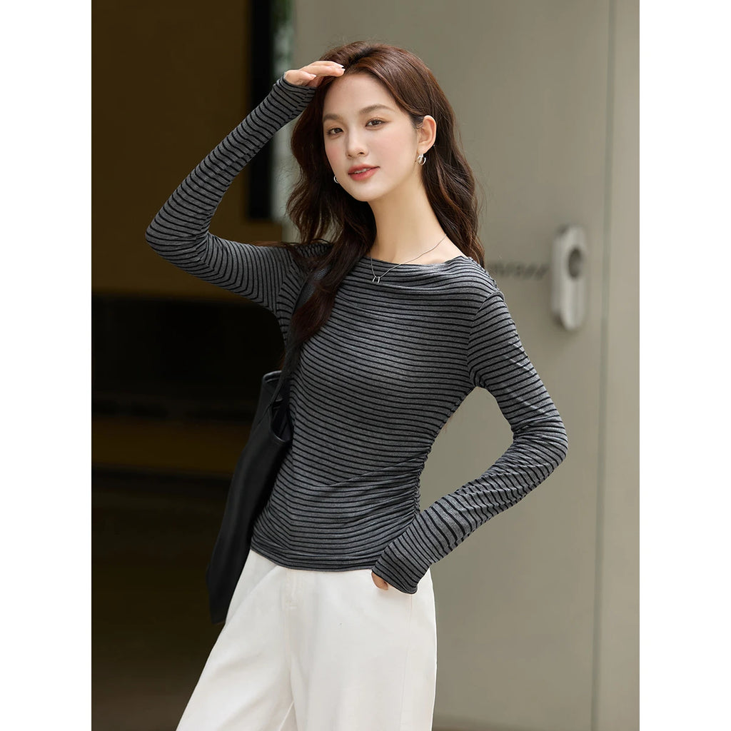 Ruched-Side Boat-Neck Long-Sleeve Top