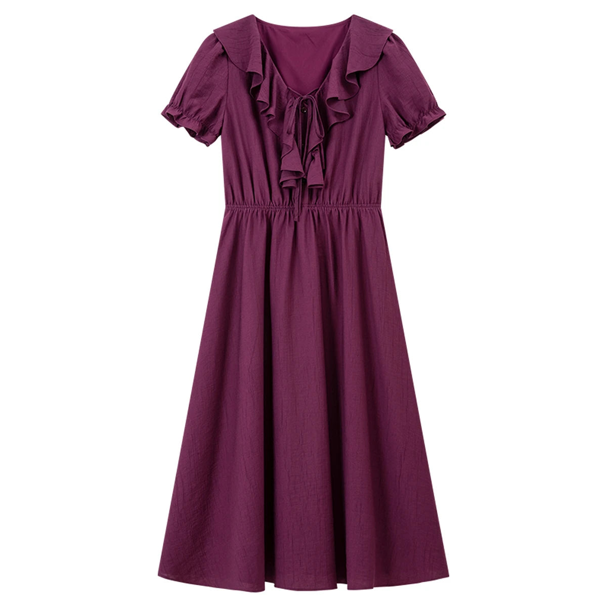 Ruffle-Front Puff-Sleeve Midi Dress