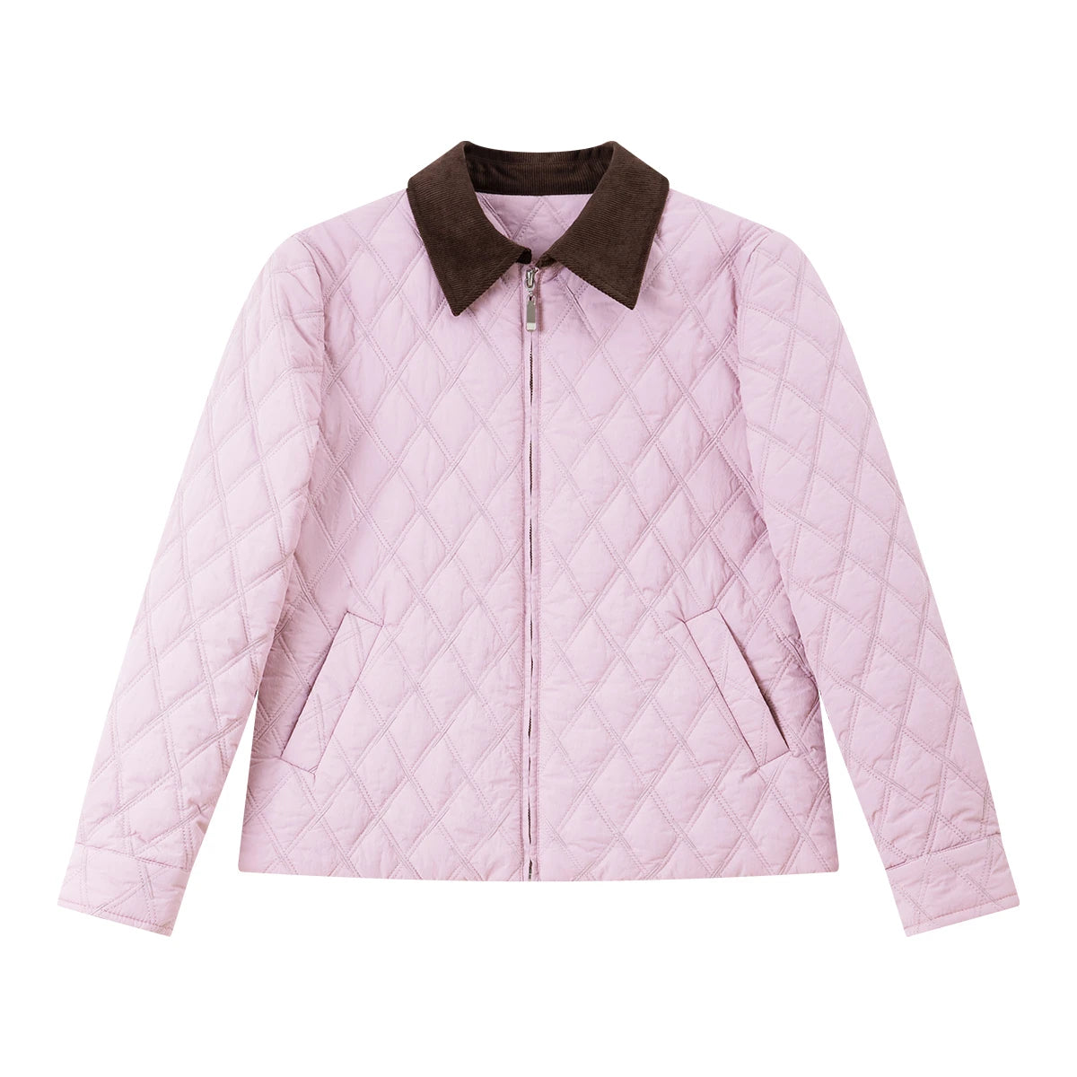 Contrast-Collar Quilted Zip Jacket