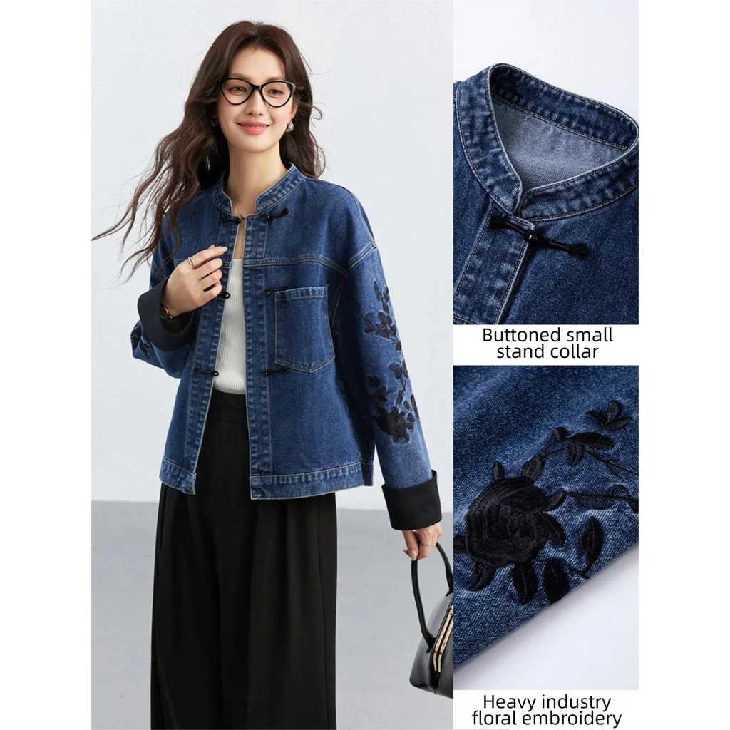 Embroidered-Sleeve Denim Jacket