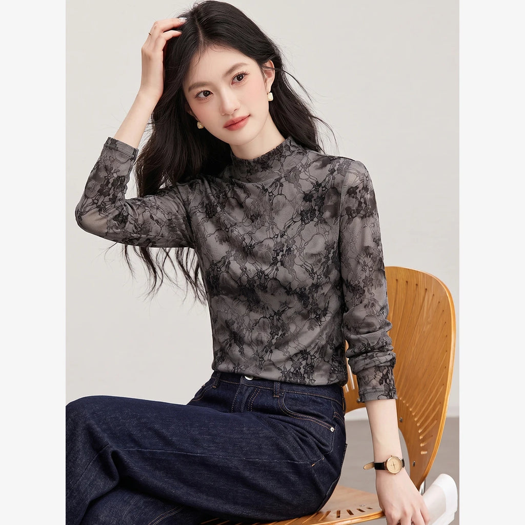 Floral Mesh Mock-Neck Top