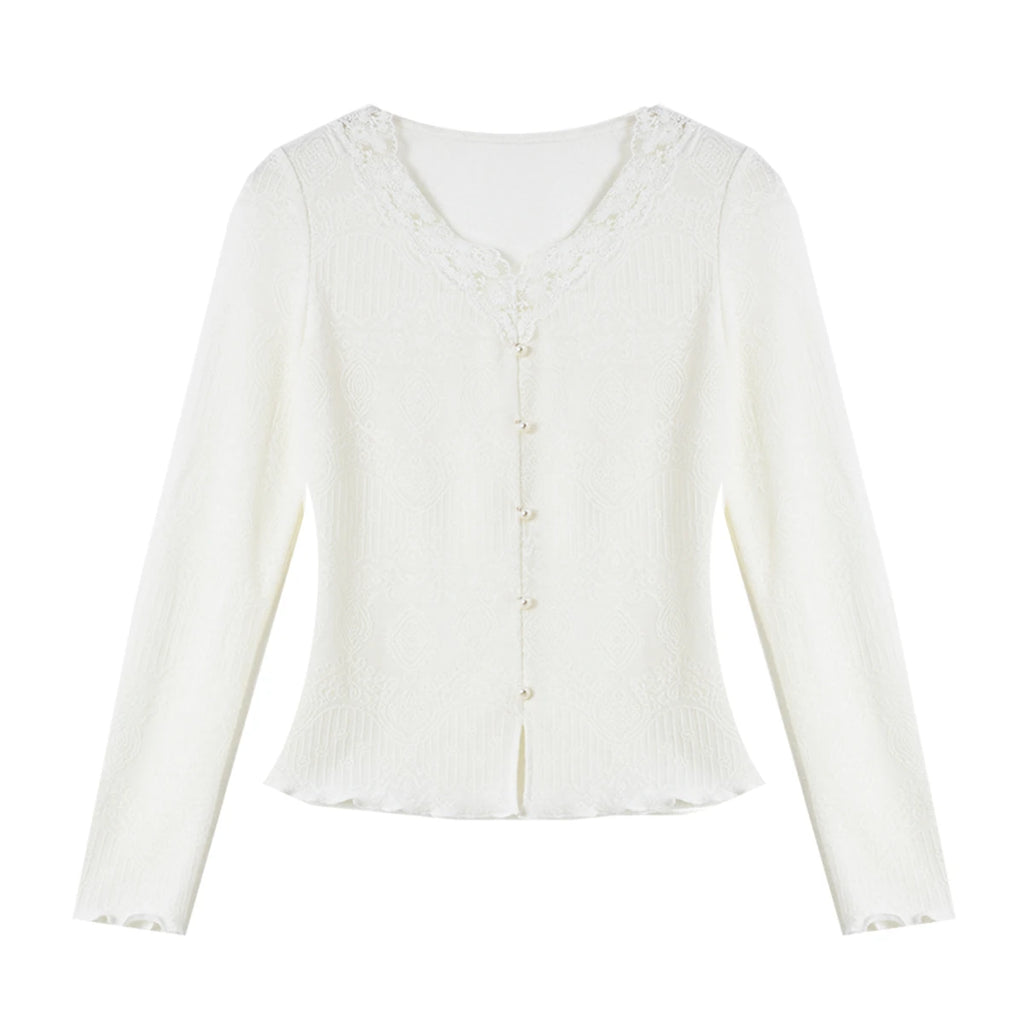 Lace-Trim Button-Front Knit Top
