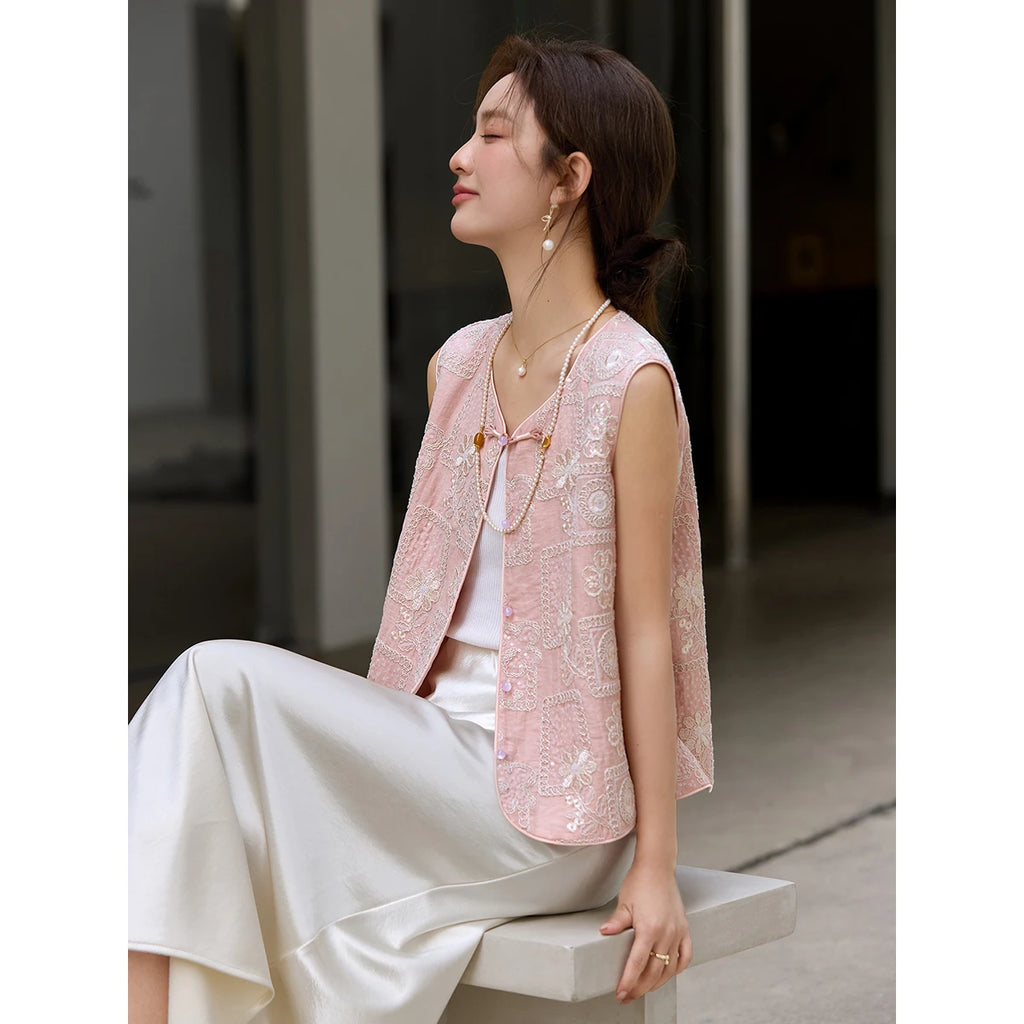 Embroidered Frog-Button Vest