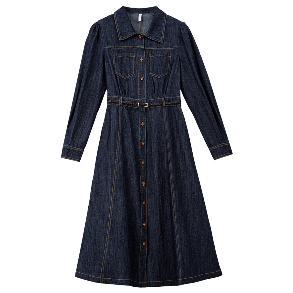 Belted Button-Front Denim Midi Dress