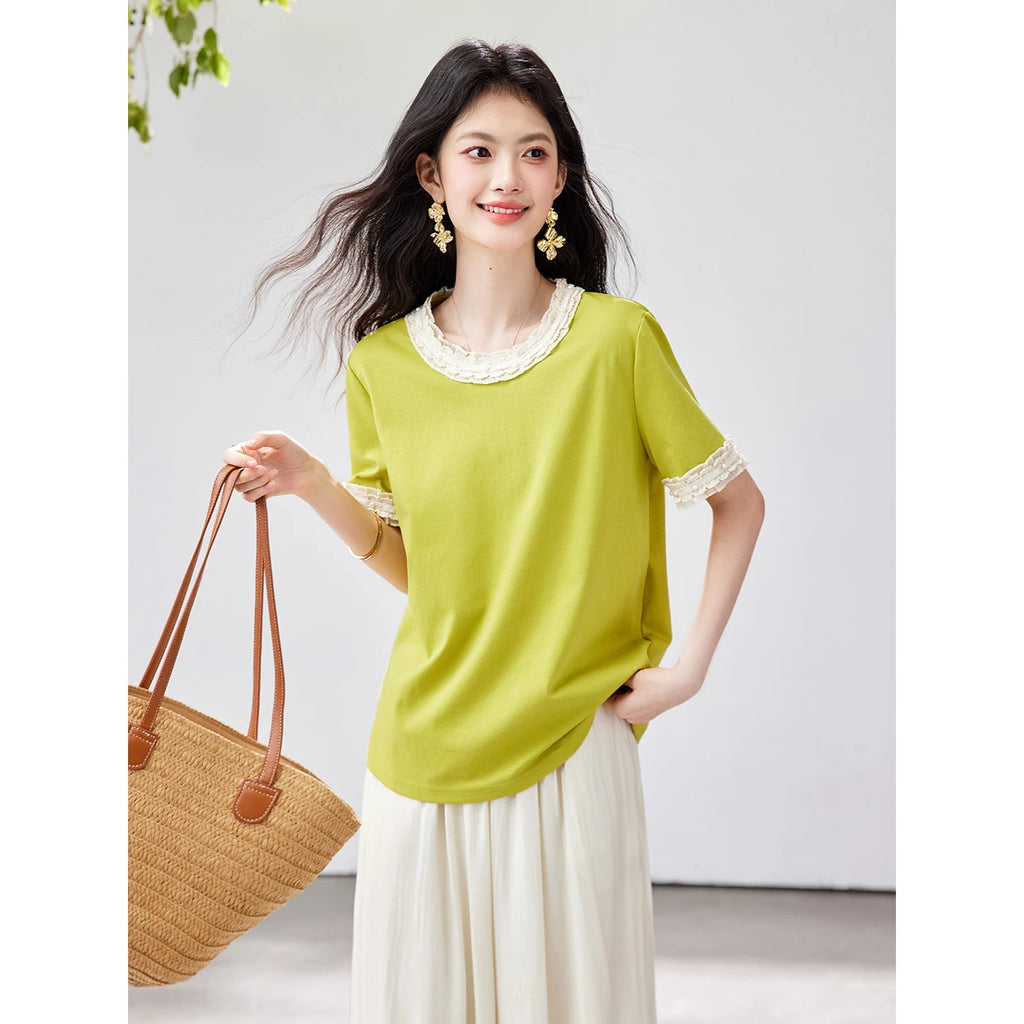 Lace-Trim Crew-Neck Short-Sleeve Tee