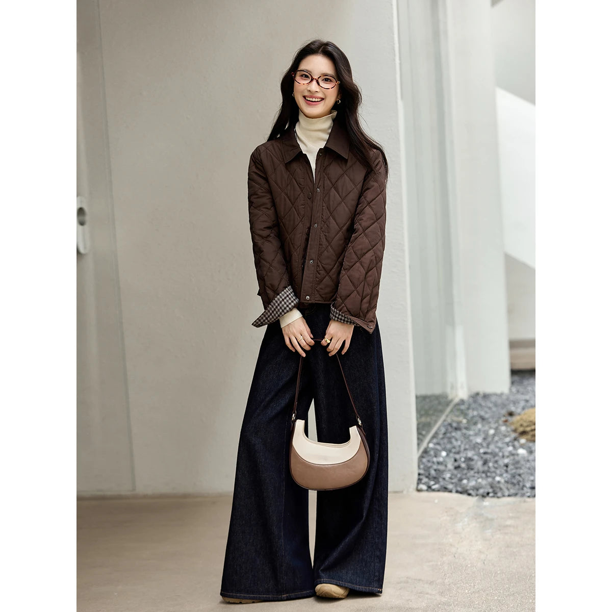 Contrast-Collar Quilted Cropped Jacket