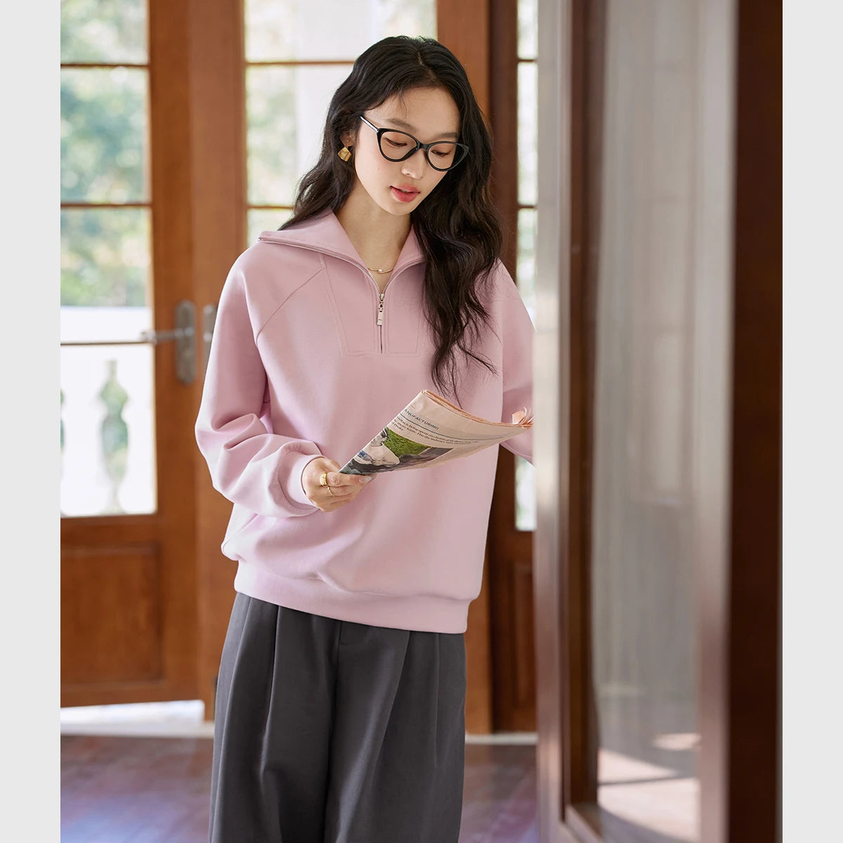 Sailor-Collar Half-Zip Sweatshirt