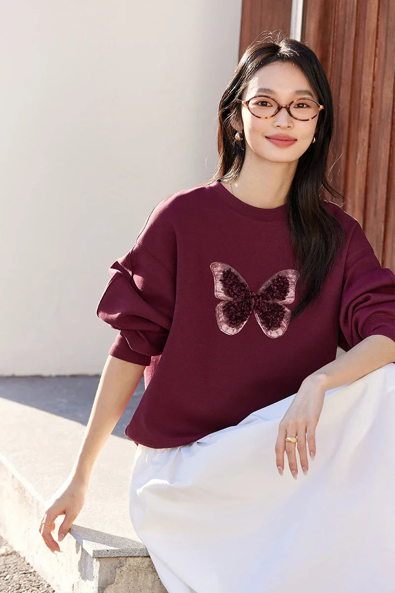 Butterfly-Applique Crew-Neck Sweatshirt