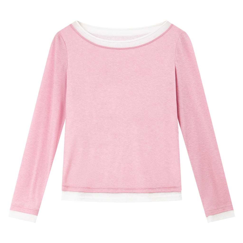 Layered Contrast-Neck Long-Sleeve Tee