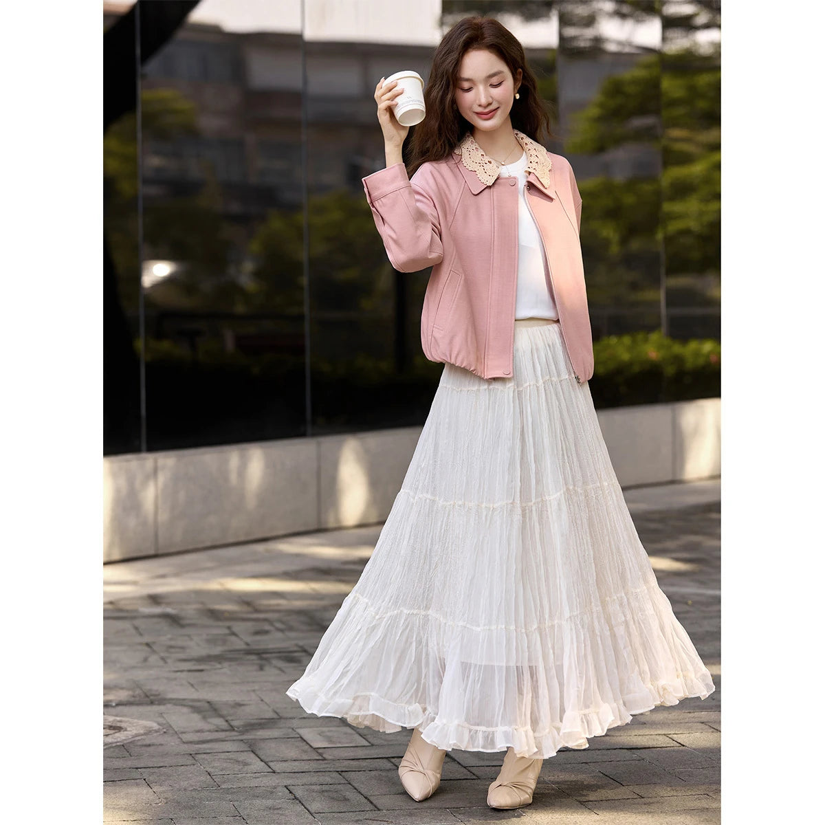 Lace-Collar Zip-Front Cropped Jacket