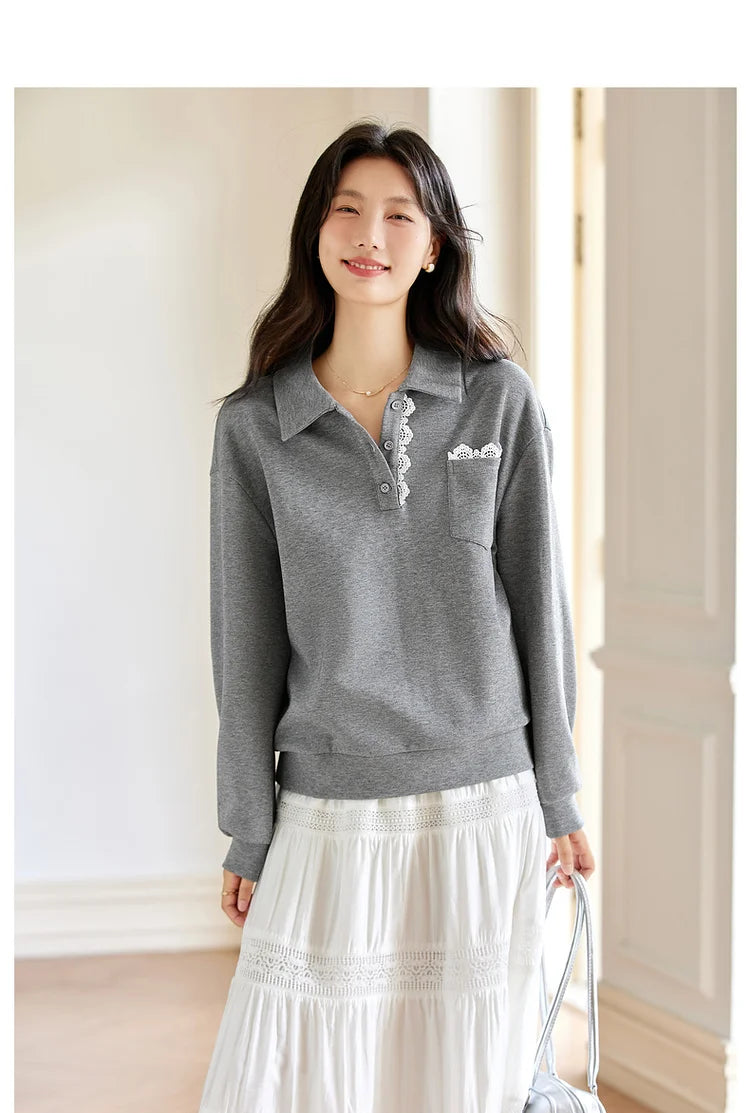 Lace-Collar Polo Sweatshirt