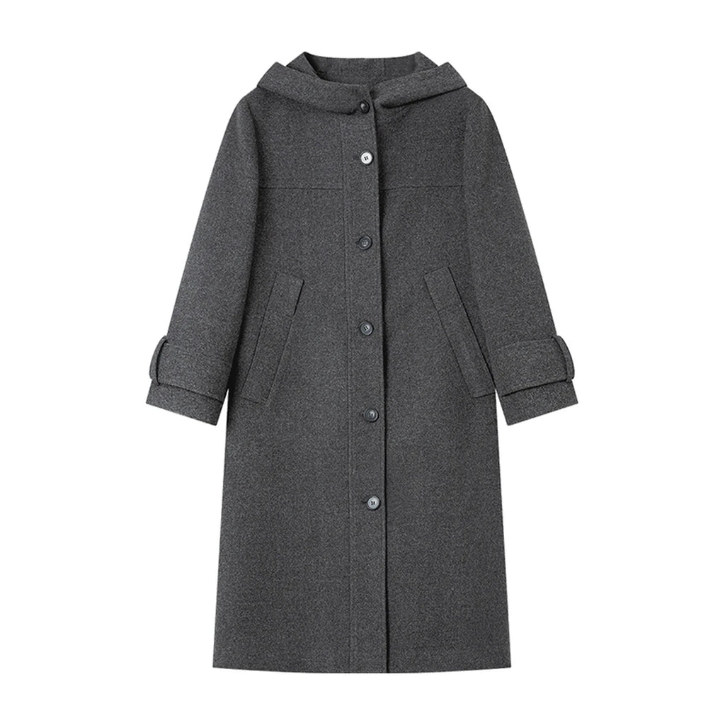 Hooded Button-Front Long Coat