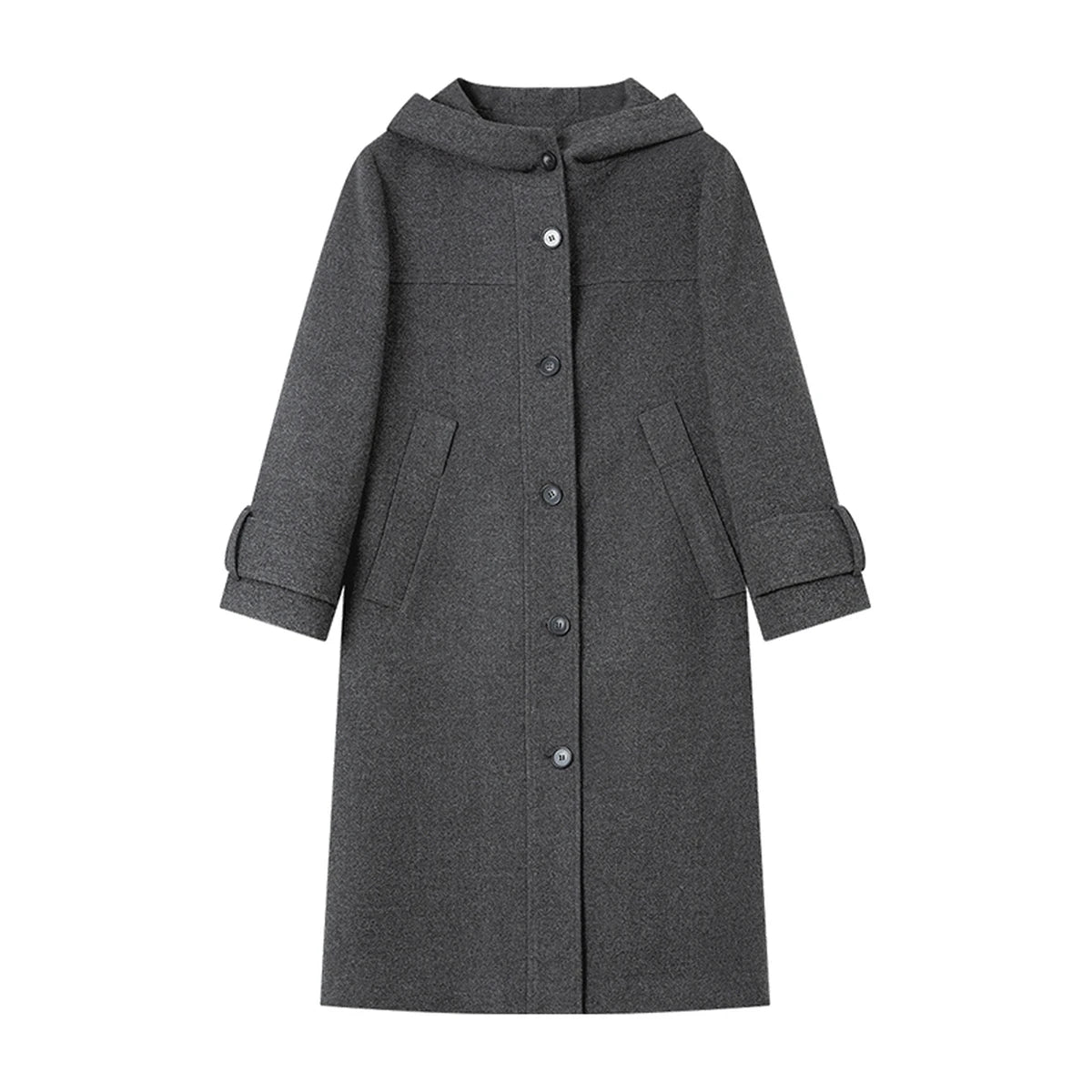 Hooded Button-Front Long Coat