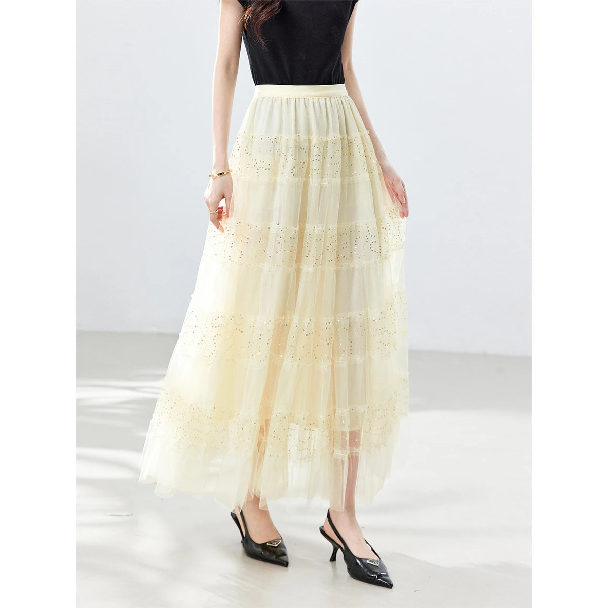 Sequin Tiered Maxi Skirt