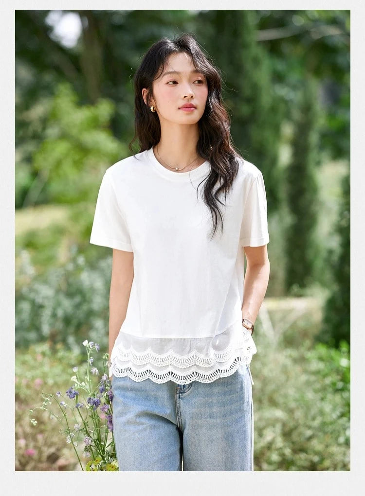 Lace-Hem Crew-Neck Tee