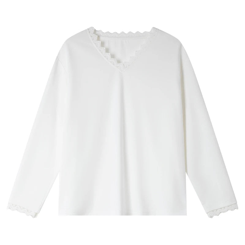 Lace-Trim V-Neck Long-Sleeve Top