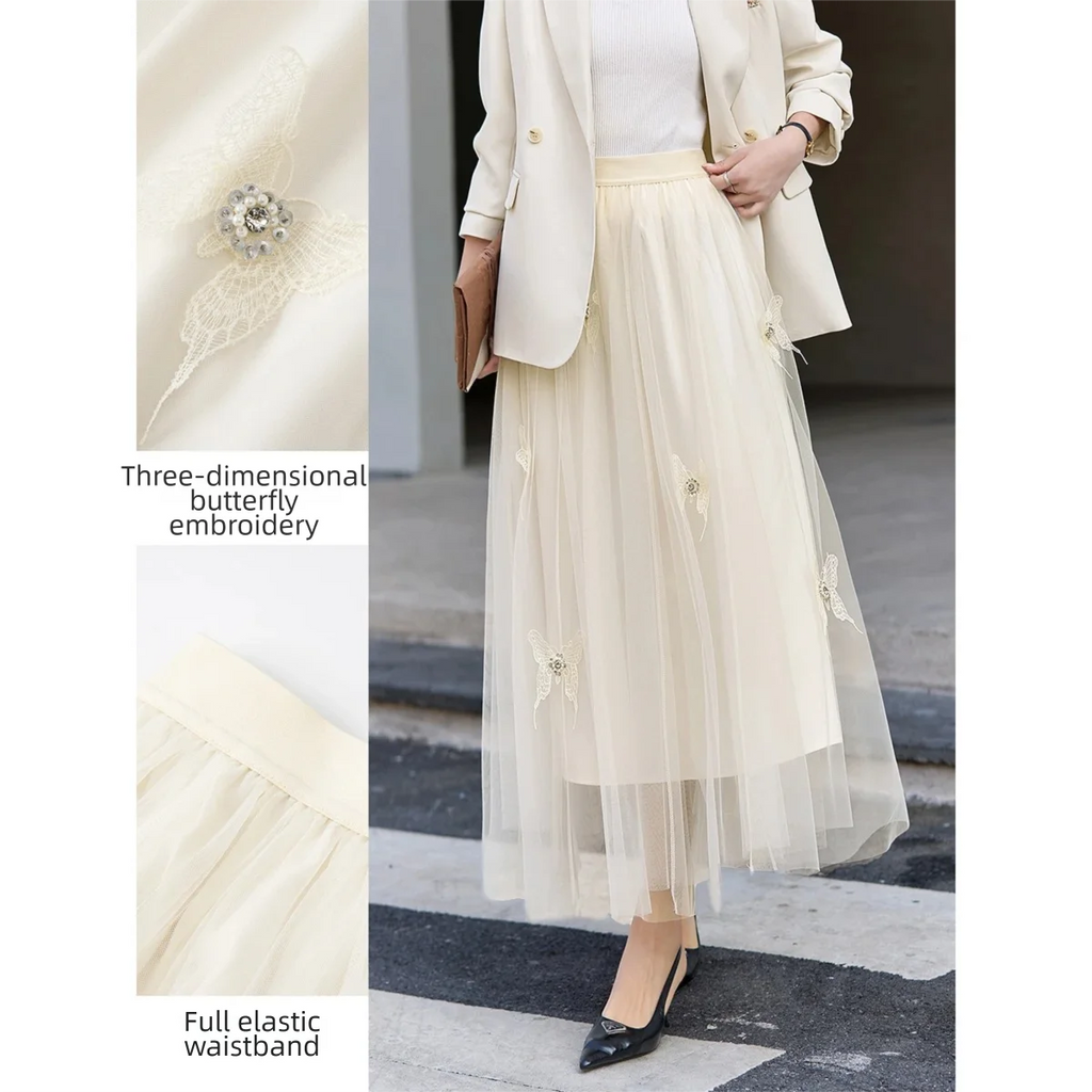 Butterfly-Embroidered Mesh Midi Skirt
