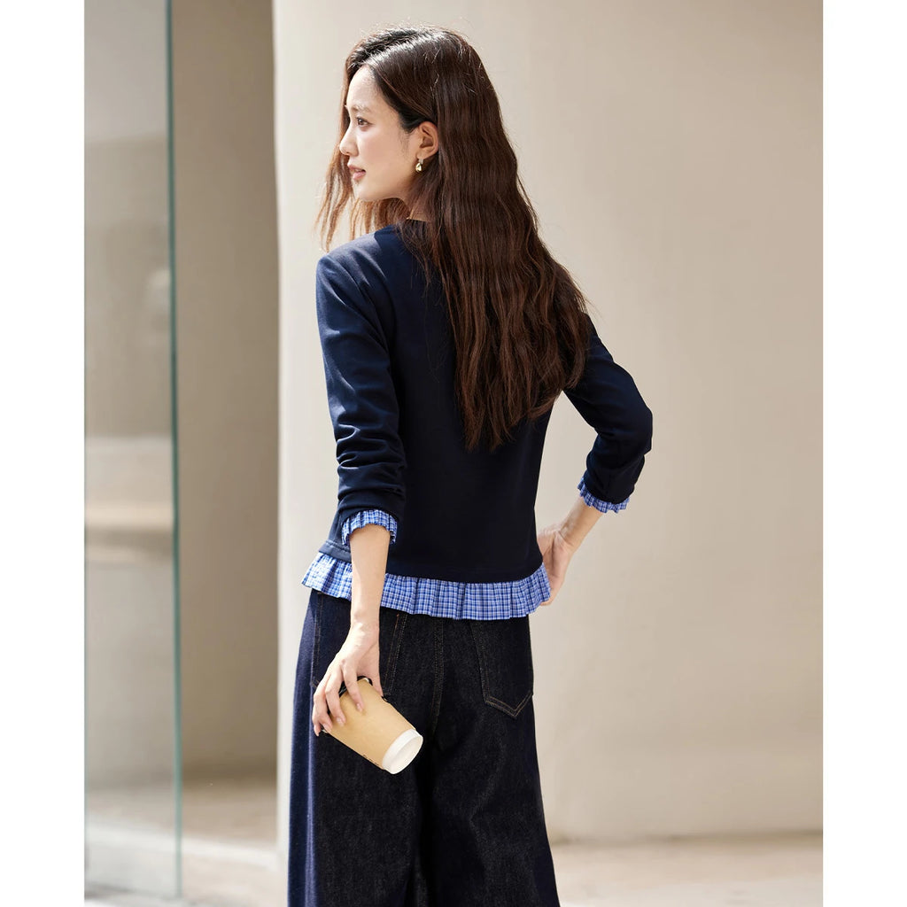 Pleated-Hem Long-Sleeve Tee