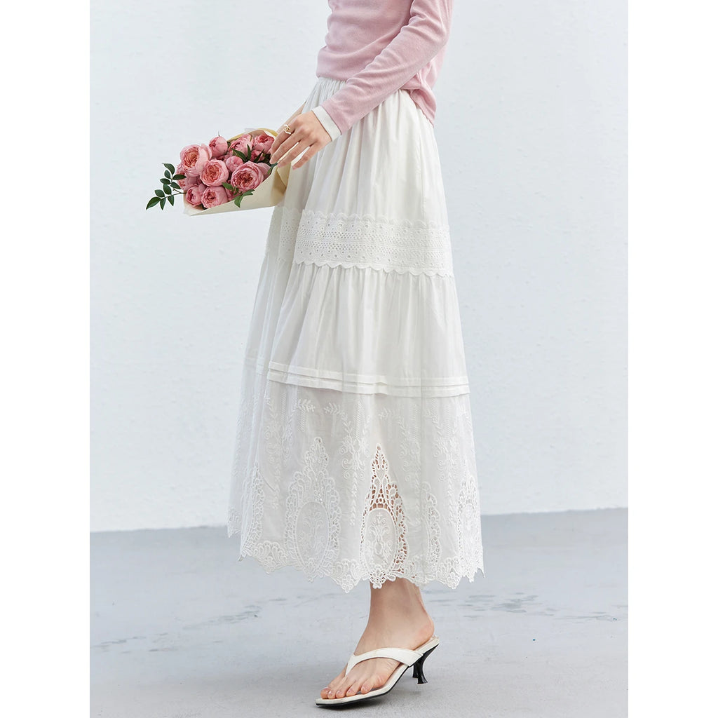 Eyelet-Hem Tiered Midi Skirt