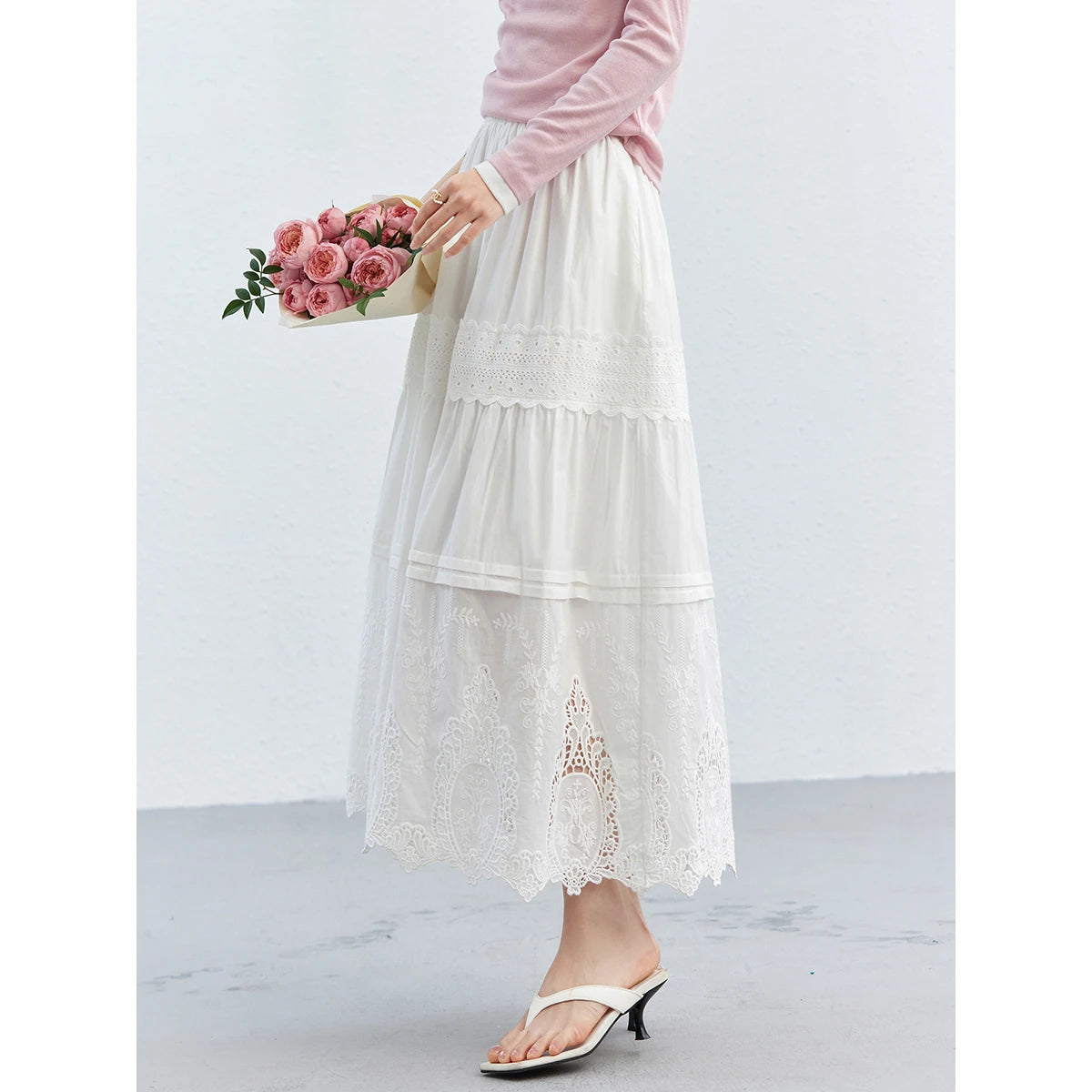 Eyelet-Hem Tiered Midi Skirt
