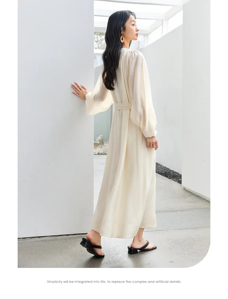 Lace-Up Balloon-Sleeve Midi Dress